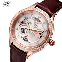 Load image into Gallery viewer, PB Brand Leather Luxury Crystal Mechanical Women Watches Four-leaf Clover Waterproof Silver&amp;Rose Gold Automatic Relojes Mujer