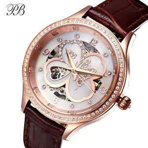 PB Brand Leather Luxury Crystal Mechanical Women Watches Four-leaf Clover Waterproof Silver&Rose Gold Automatic Relojes Mujer