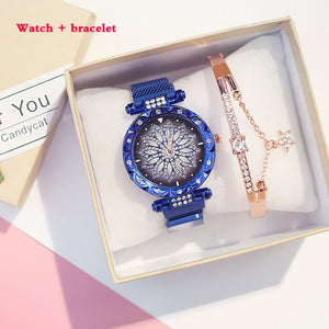 Women Mesh Magnet Buckle Lucky Flower Watches + bracelet set Luxury Ladies Rhinestone Quartz Watch Starry sky Relogio Feminino