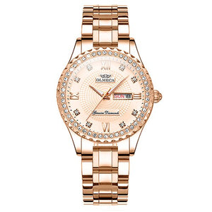 OLMECA Women Watches Luxury Elegant Rose Gold Dial Diamonds   Fashion Casual Quartz Dress Wristwatches Lady Gift