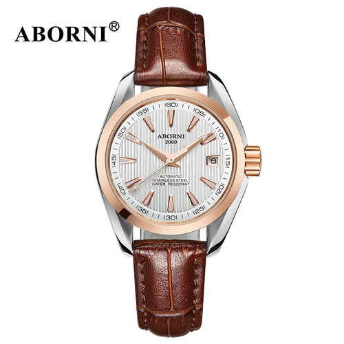 ABORNI Women Automatic Mechanical Watches Classic WristWatch Business Fashion Leather Steel Strap Ladies Wrist Watch Reloj Mujer