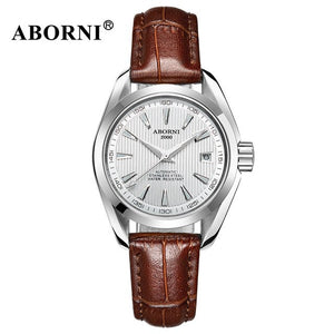 ABORNI Women Automatic Mechanical Watches Classic WristWatch Business Fashion Leather Steel Strap Ladies Wrist Watch Reloj Mujer