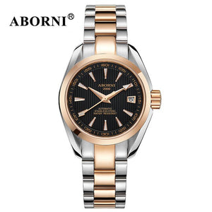 ABORNI Women Automatic Mechanical Watches Classic WristWatch Business Fashion Leather Steel Strap Ladies Wrist Watch Reloj Mujer