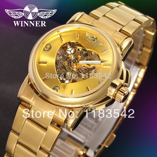 WINNER Women's Watch Fashion Lady Automatic Classic Stainless Steel Bracelet Wristwatch Color Gold