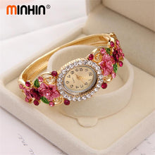 Load image into Gallery viewer, MINHIN Brand Luxury Bangle Watch Ladies Crystal Flower Bracelet Women Lovely Gift Dress Quartz Watch Gold Plated Wristwatch