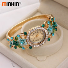 Load image into Gallery viewer, MINHIN Brand Luxury Bangle Watch Ladies Crystal Flower Bracelet Women Lovely Gift Dress Quartz Watch Gold Plated Wristwatch