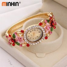Load image into Gallery viewer, MINHIN Brand Luxury Bangle Watch Ladies Crystal Flower Bracelet Women Lovely Gift Dress Quartz Watch Gold Plated Wristwatch