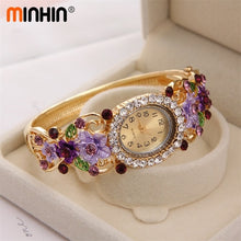 Load image into Gallery viewer, MINHIN Brand Luxury Bangle Watch Ladies Crystal Flower Bracelet Women Lovely Gift Dress Quartz Watch Gold Plated Wristwatch