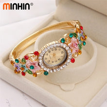 Load image into Gallery viewer, MINHIN Brand Luxury Bangle Watch Ladies Crystal Flower Bracelet Women Lovely Gift Dress Quartz Watch Gold Plated Wristwatch