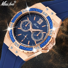 Load image into Gallery viewer, MISSFOX Women&#39;s Watches Chronograph Rose Gold Sport Watch Ladies Diamond Blue Rubber Band Xfcs Analog Female Quartz Wristwatch