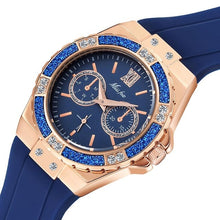 Load image into Gallery viewer, MISSFOX Women&#39;s Watches Chronograph Rose Gold Sport Watch Ladies Diamond Blue Rubber Band Xfcs Analog Female Quartz Wristwatch